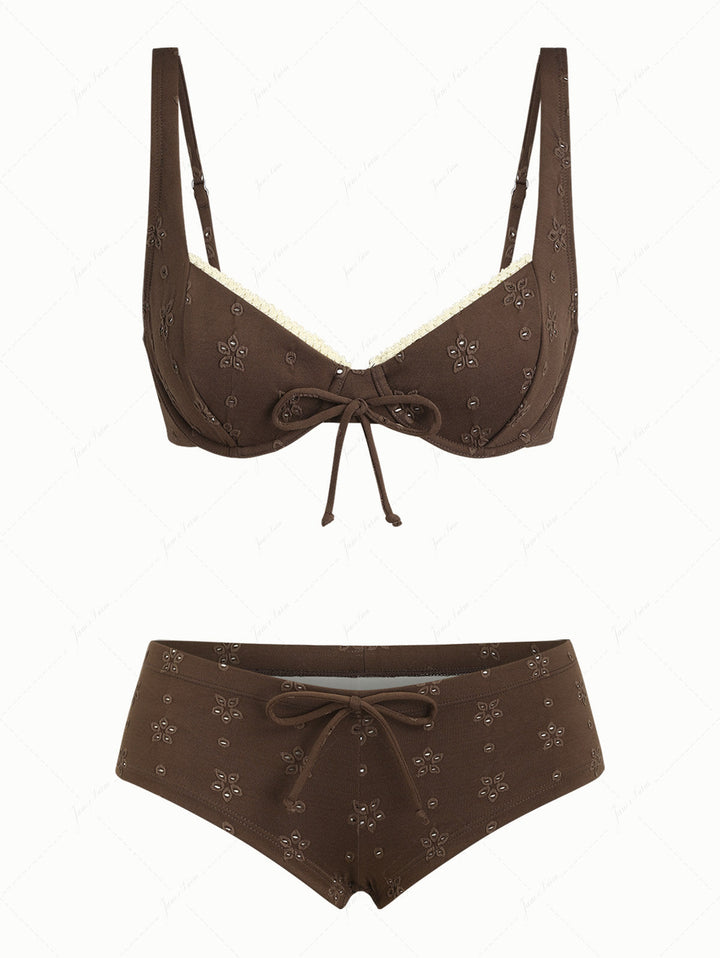 Deep Coffee Recycled Fabric Jacquard Lace Bowknot Underwire Cheeky Boyshorts Bikini Set