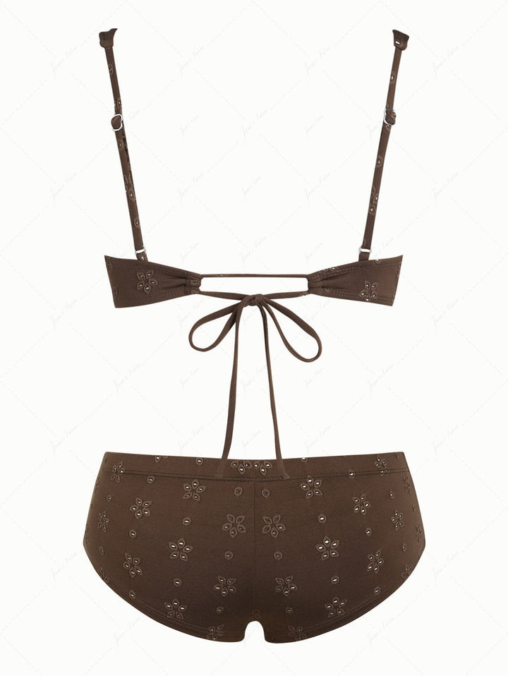 Deep Coffee Recycled Fabric Jacquard Lace Bowknot Underwire Cheeky Boyshorts Bikini Set