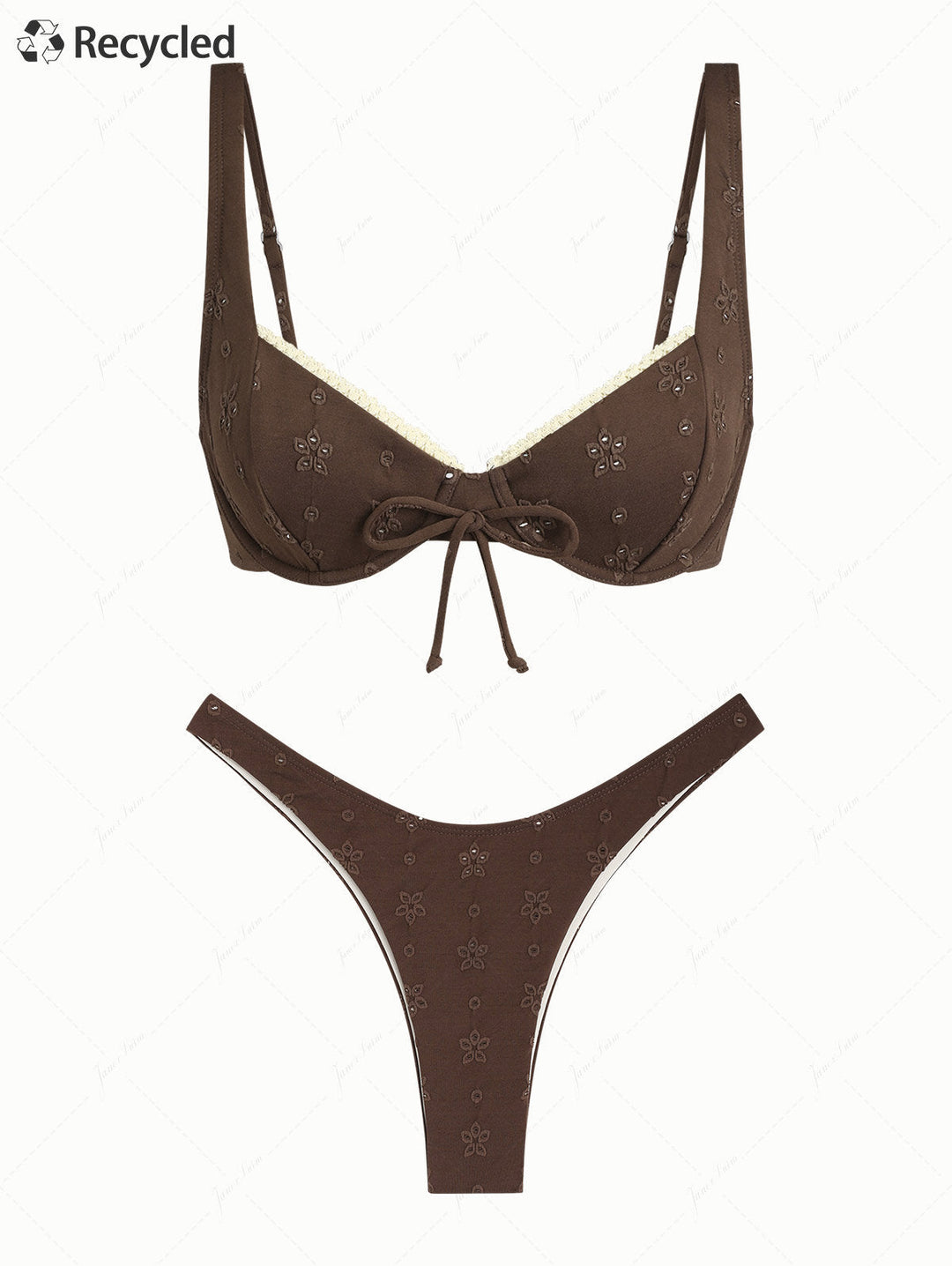 Deep Coffee Recycled Fabric Jacquard Lace Bowknot Underwire Bikini Set