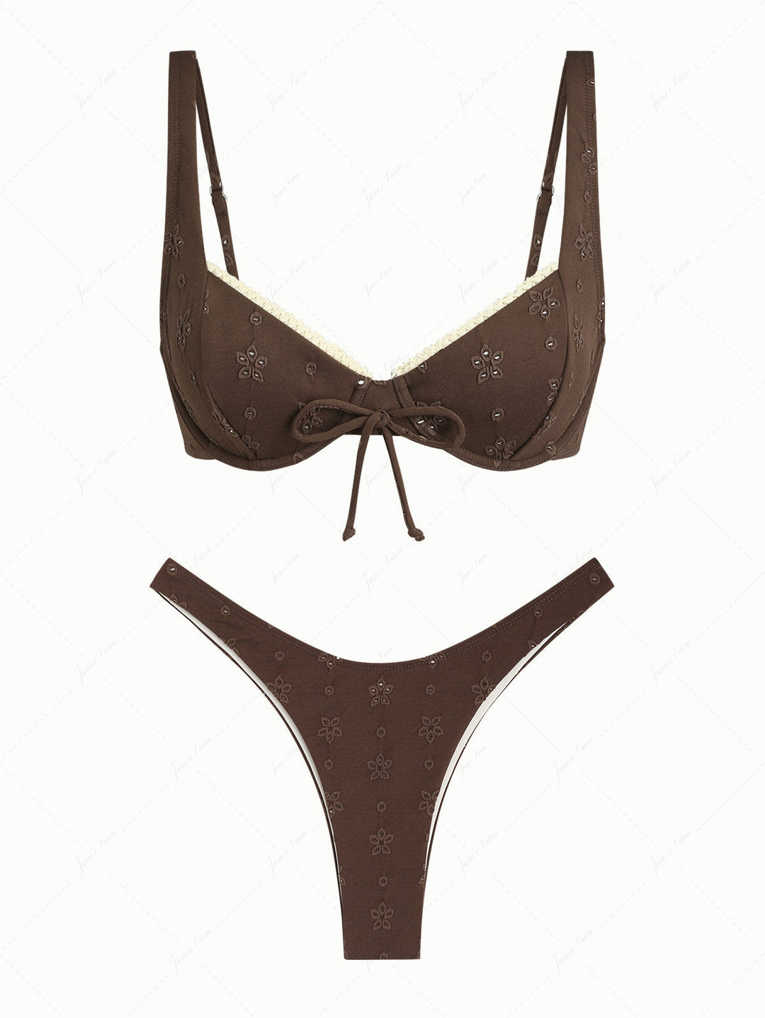 Deep Coffee Recycled Fabric Jacquard Lace Bowknot Underwire Bikini Set