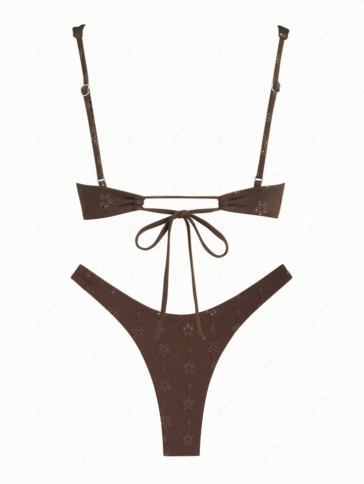 Deep Coffee Recycled Fabric Jacquard Lace Bowknot Underwire Bikini Set