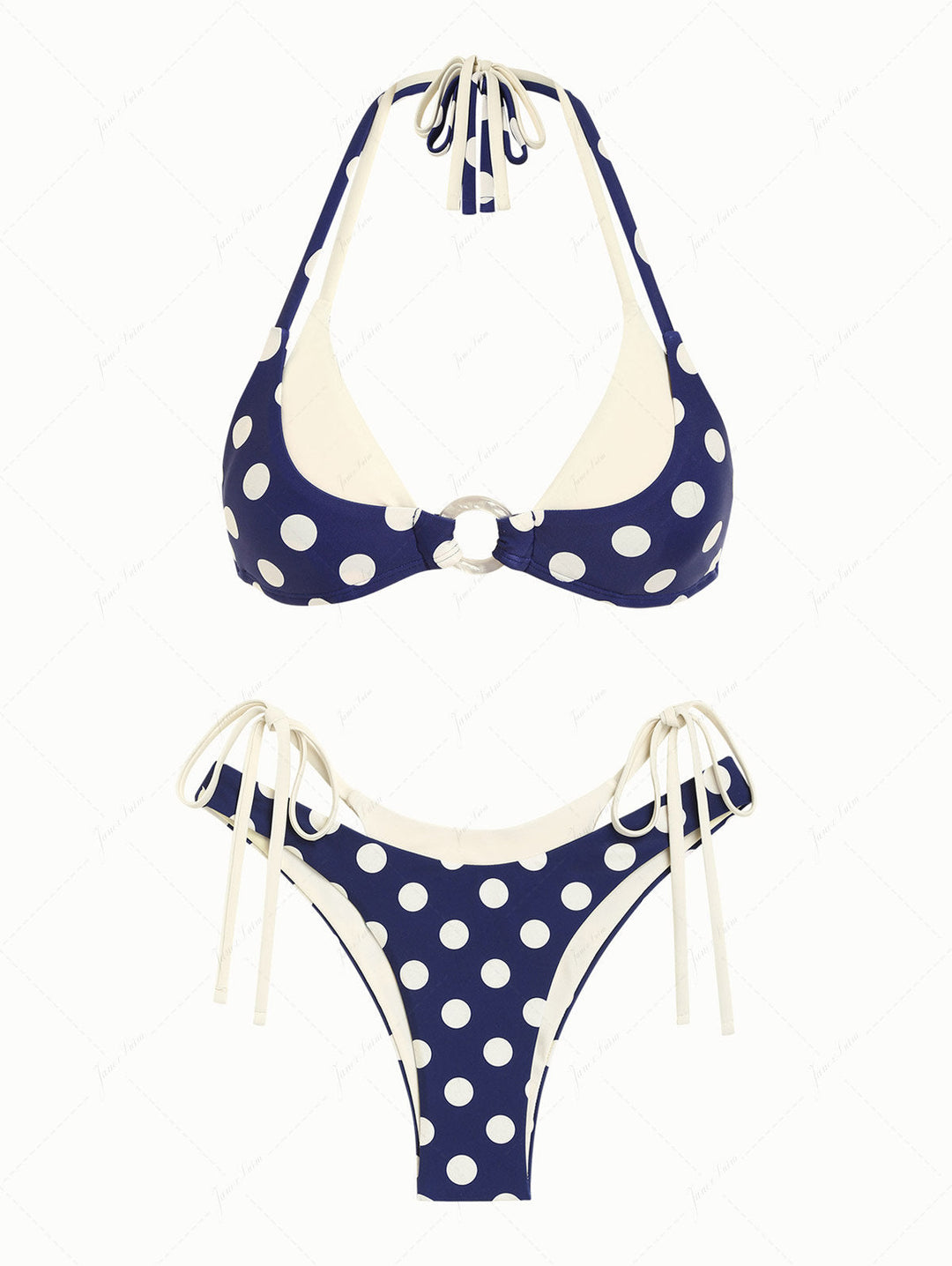 Deep Blue Polka Dot Print O Ring Double Layer Bikini Set