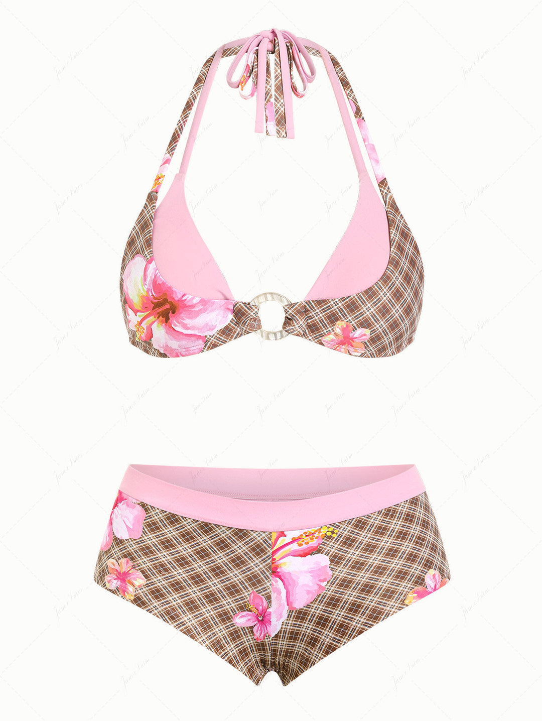 Coffee Plaid Floral Hibiscus Print O Ring Double Layer Top & Cheeky Boyshorts Bikini Set