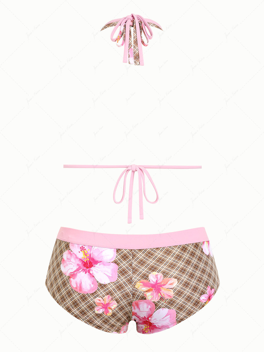 Coffee Plaid Floral Hibiscus Print O Ring Double Layer Top & Cheeky Boyshorts Bikini Set