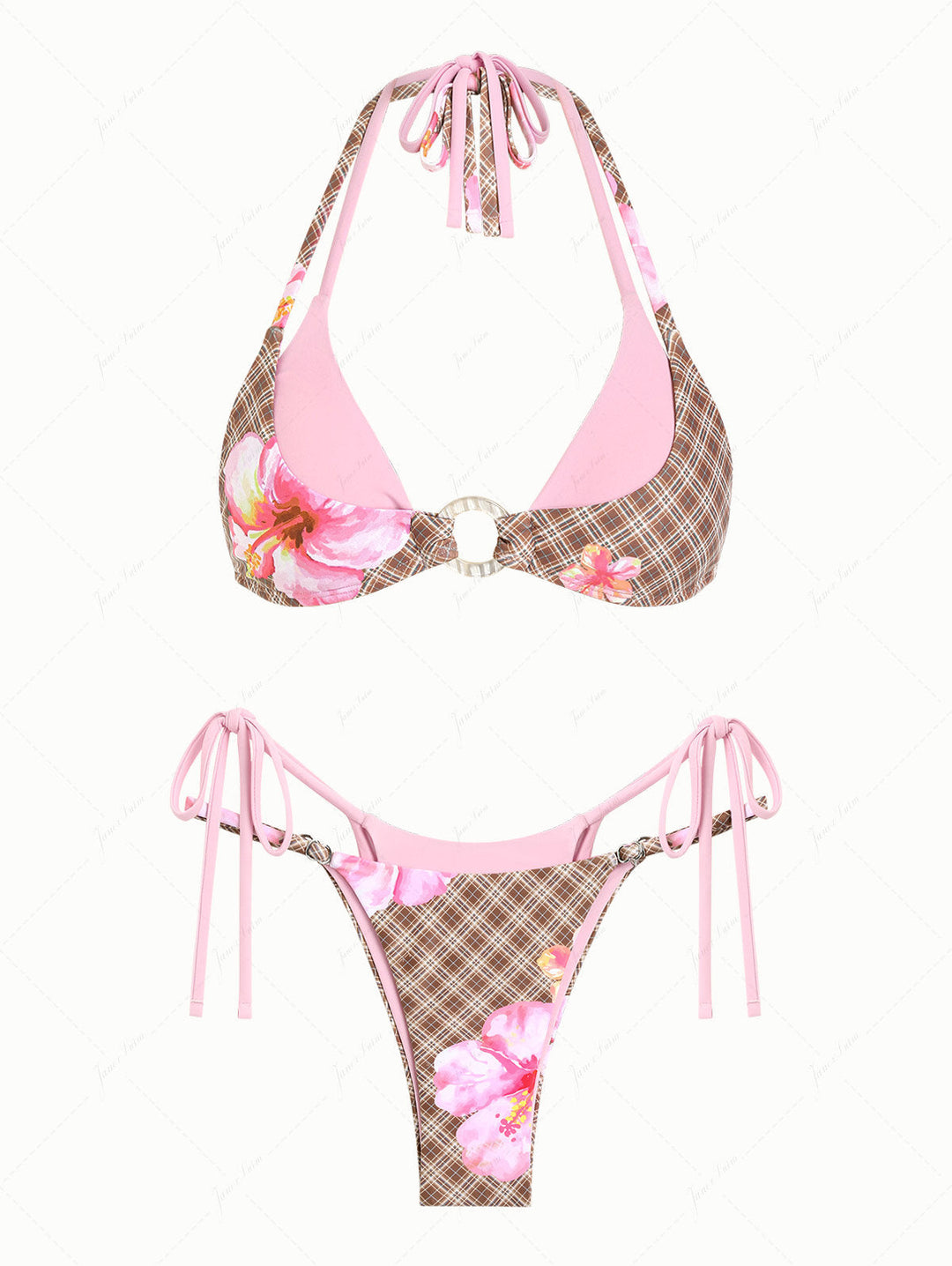 Coffee Plaid Floral Hibiscus Print O Ring Double Layer Bikini Set