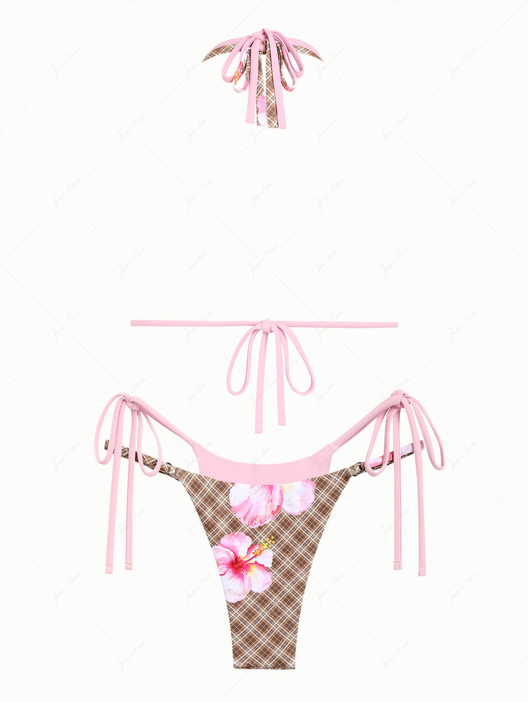 Coffee Plaid Floral Hibiscus Print O Ring Double Layer Bikini Set