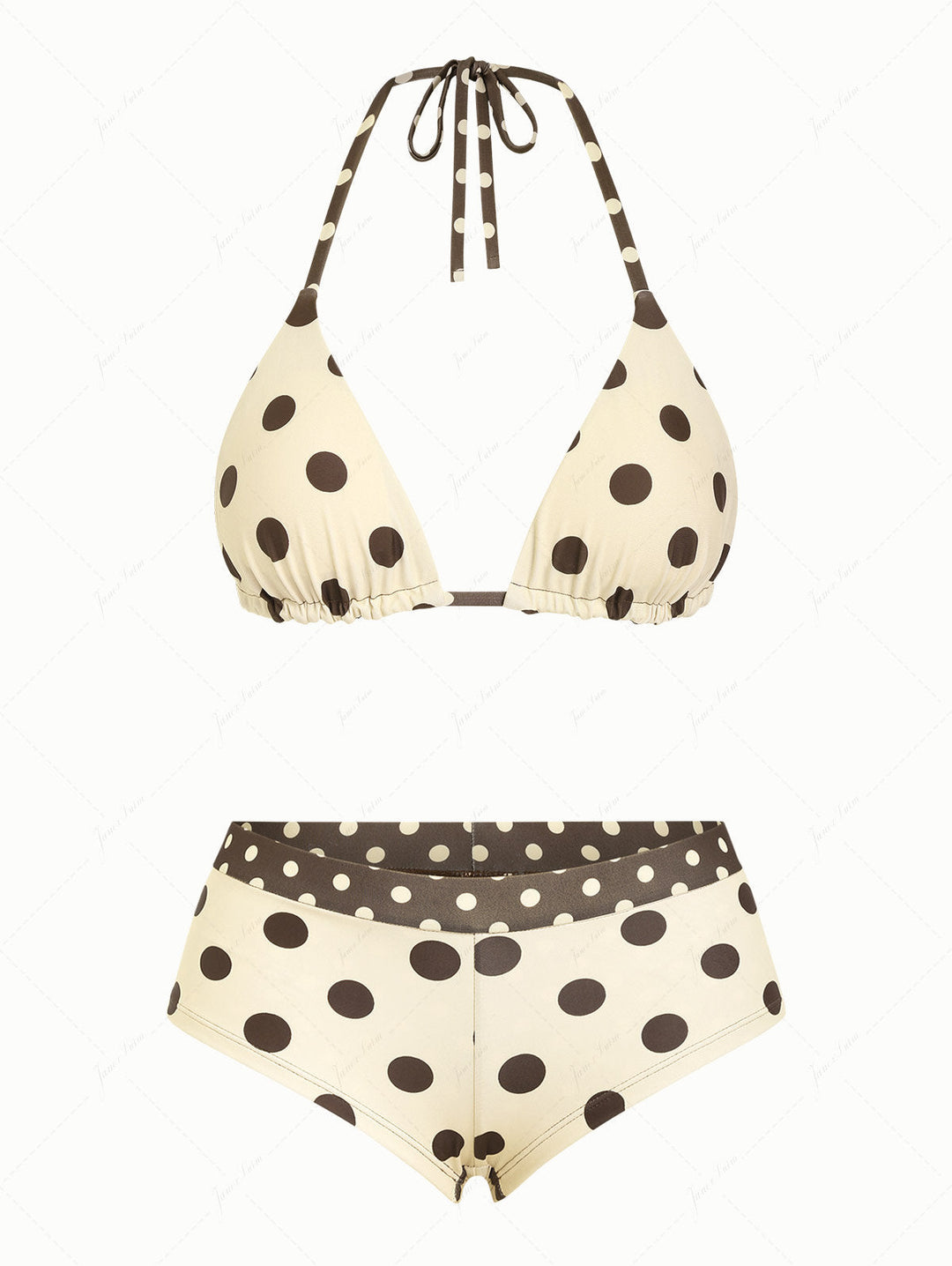 Apricot Polka Dot Halter Triangle Reversible Top & Cheeky Boyshorts Bikini Set