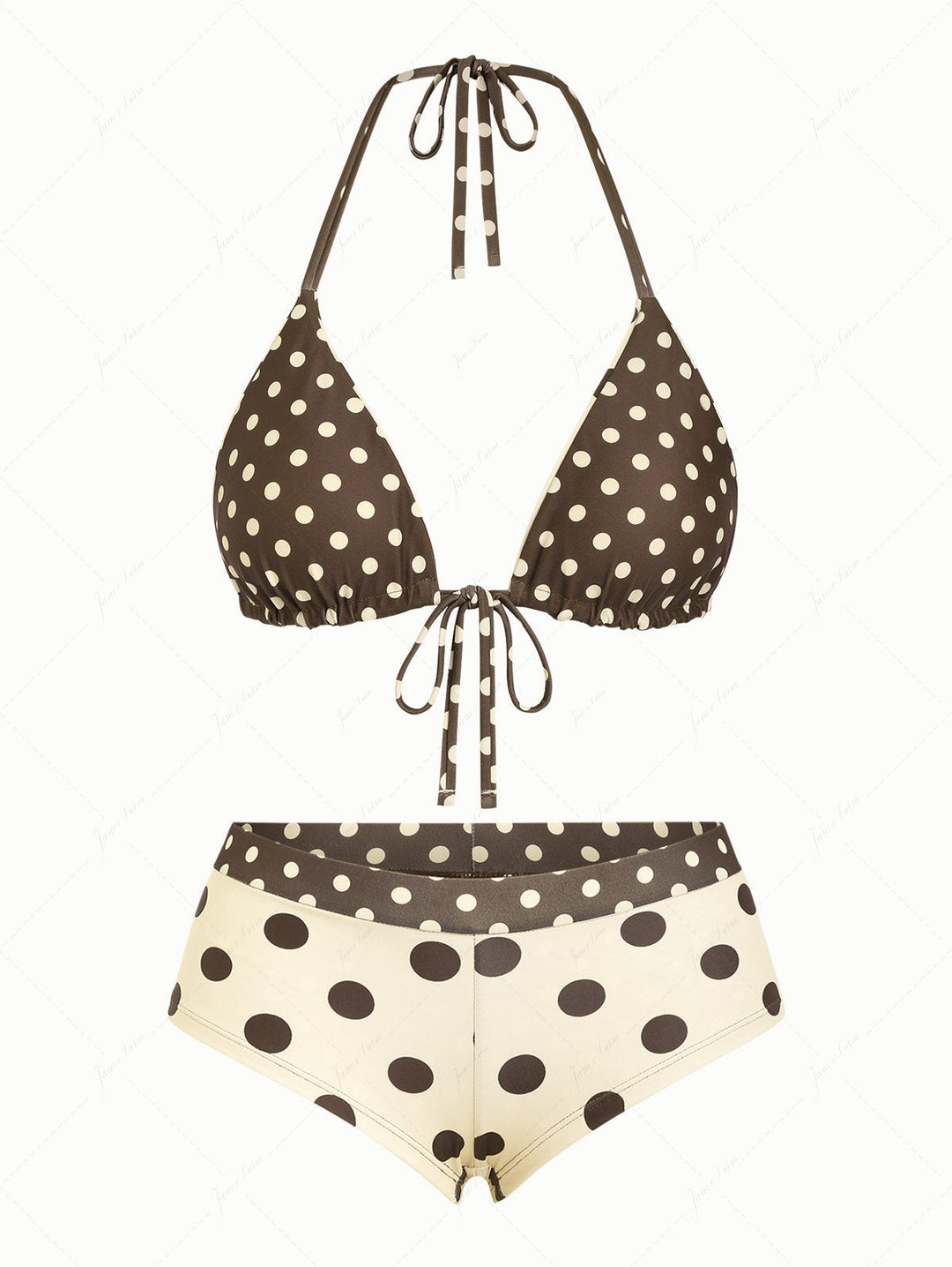 Apricot Polka Dot Halter Triangle Reversible Top & Cheeky Boyshorts Bikini Set