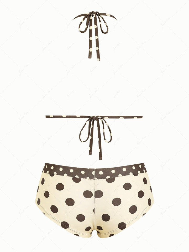Apricot Polka Dot Halter Triangle Reversible Top & Cheeky Boyshorts Bikini Set