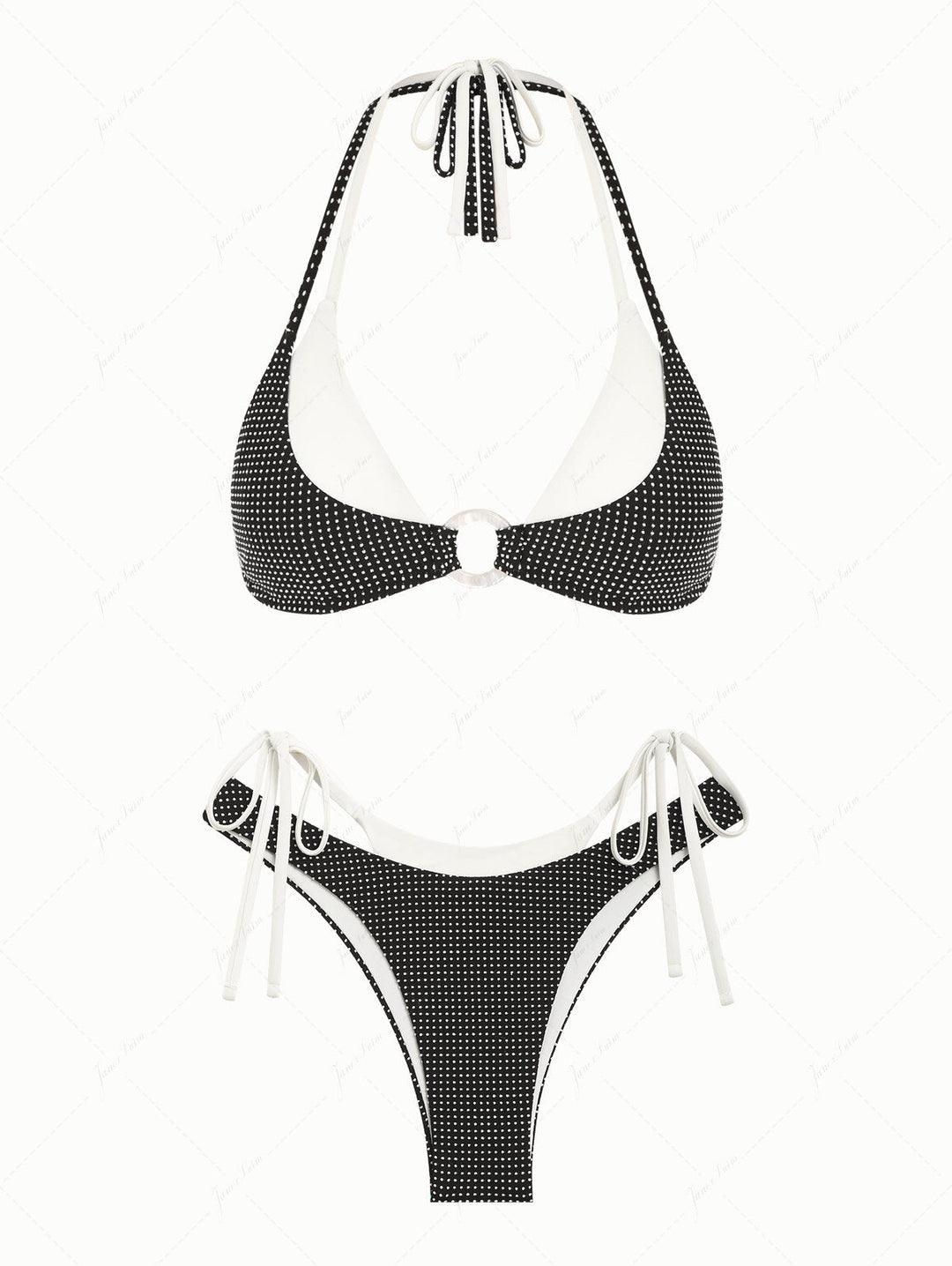 Black Pin Dot Jacquard O Ring Double Layer Bikini Set