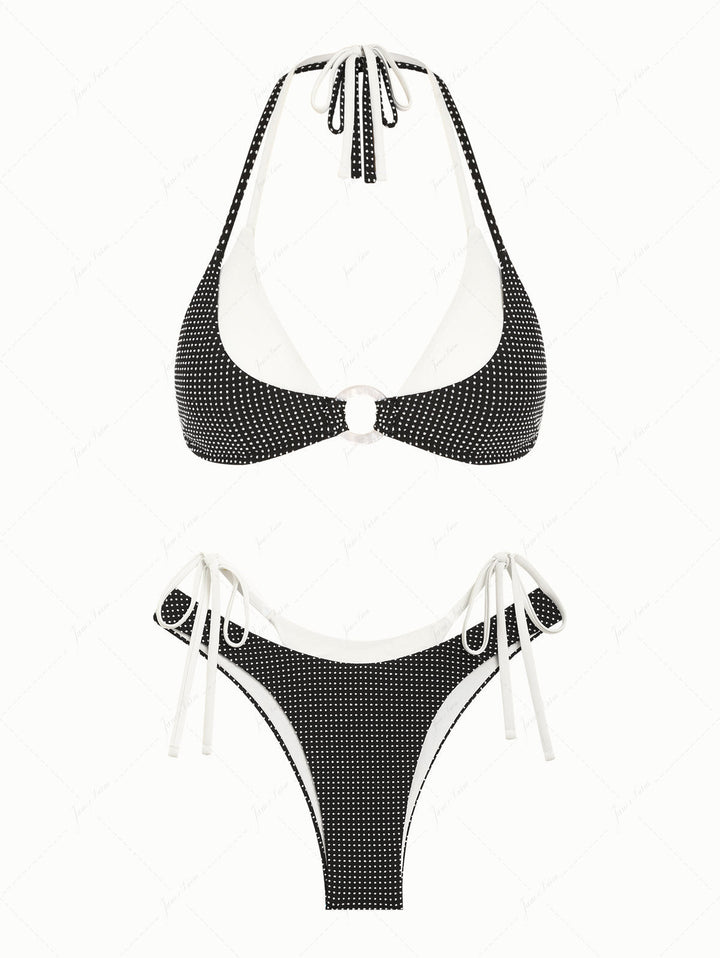 Black Pin Dot Jacquard O Ring Double Layer Bikini Set
