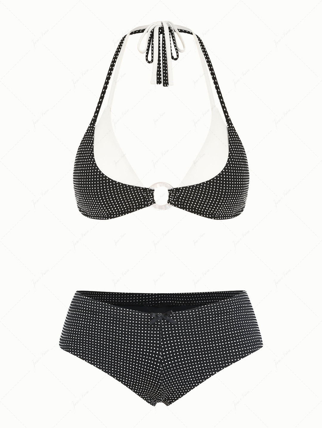 Black Pin Dot Jacquard O Ring Double Layer Top & Cheeky Boyshorts Bikini Set