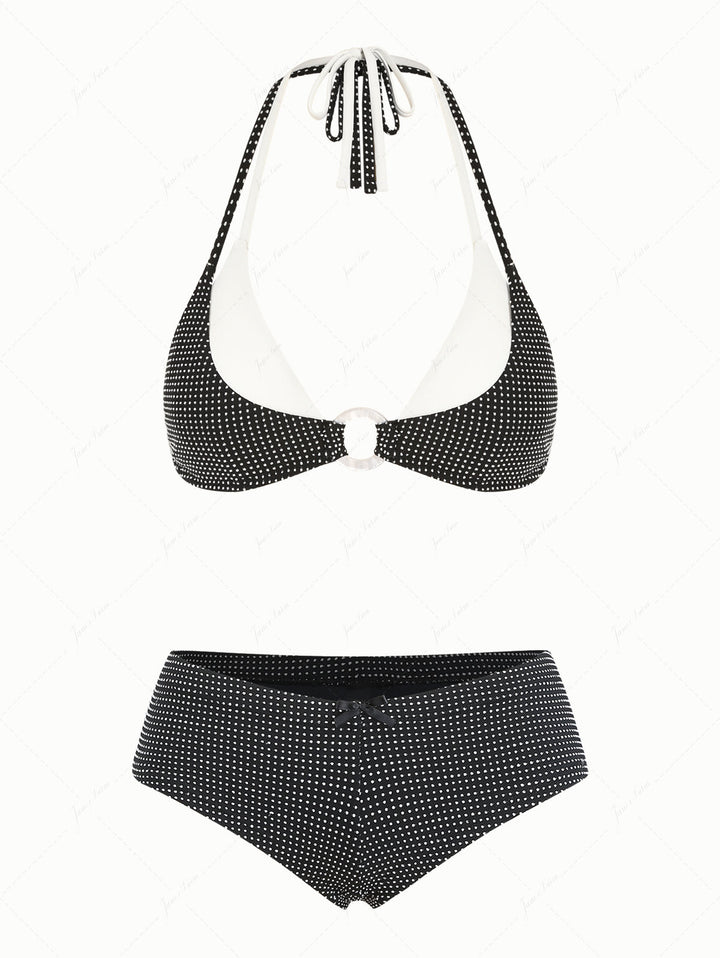 Black Pin Dot Jacquard O Ring Double Layer Top & Cheeky Boyshorts Bikini Set