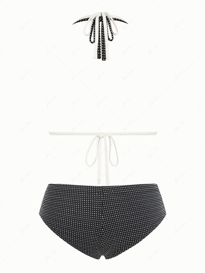 Black Pin Dot Jacquard O Ring Double Layer Top & Cheeky Boyshorts Bikini Set