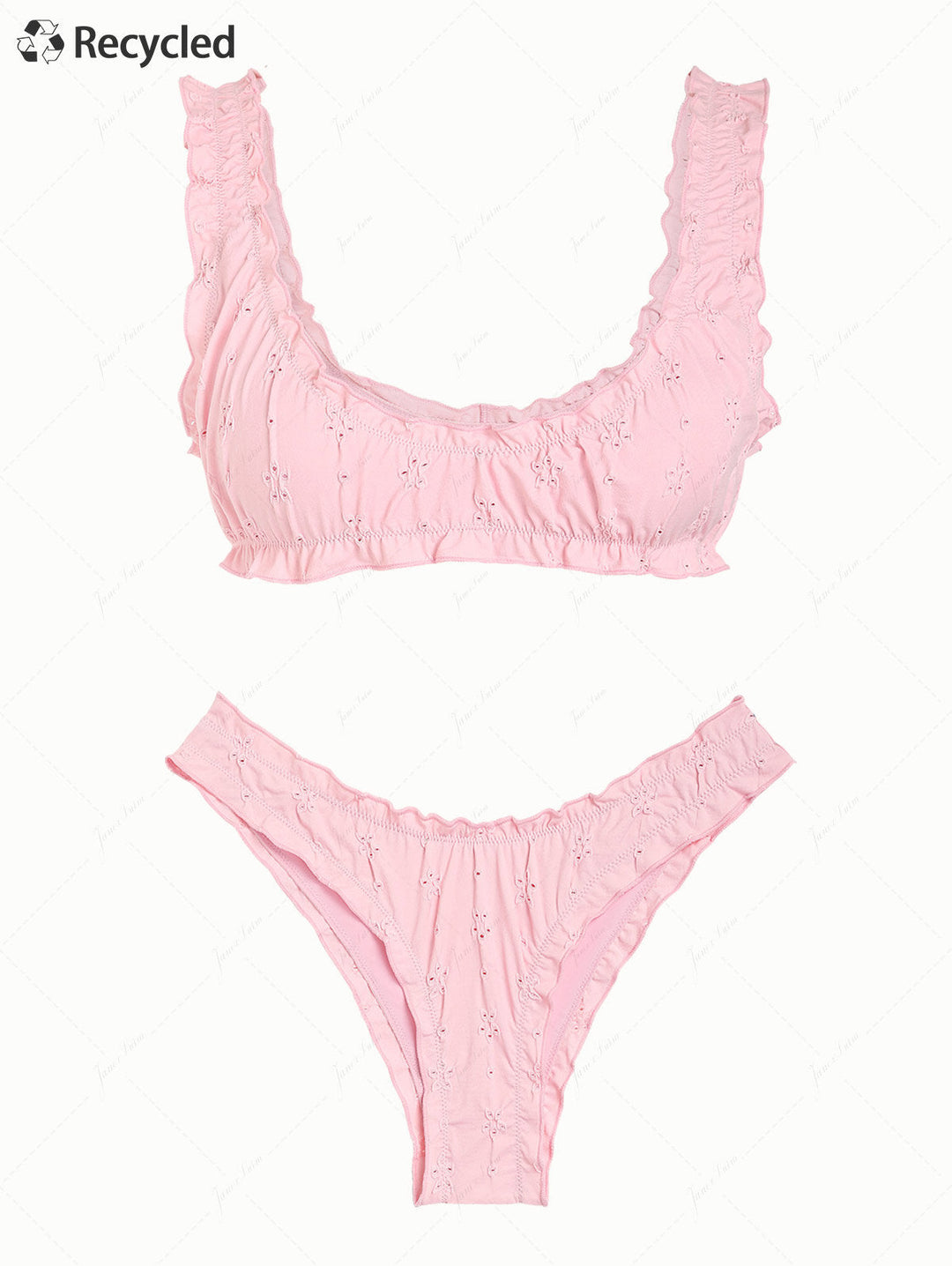 Pink Recycled Fabric Jacquard Ruffles Edge Bralette Bikini Set