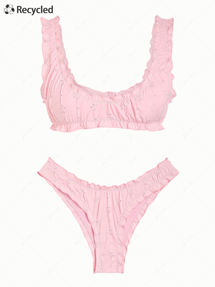 Pink Recycled Fabric Jacquard Ruffles Edge Bralette Bikini Set