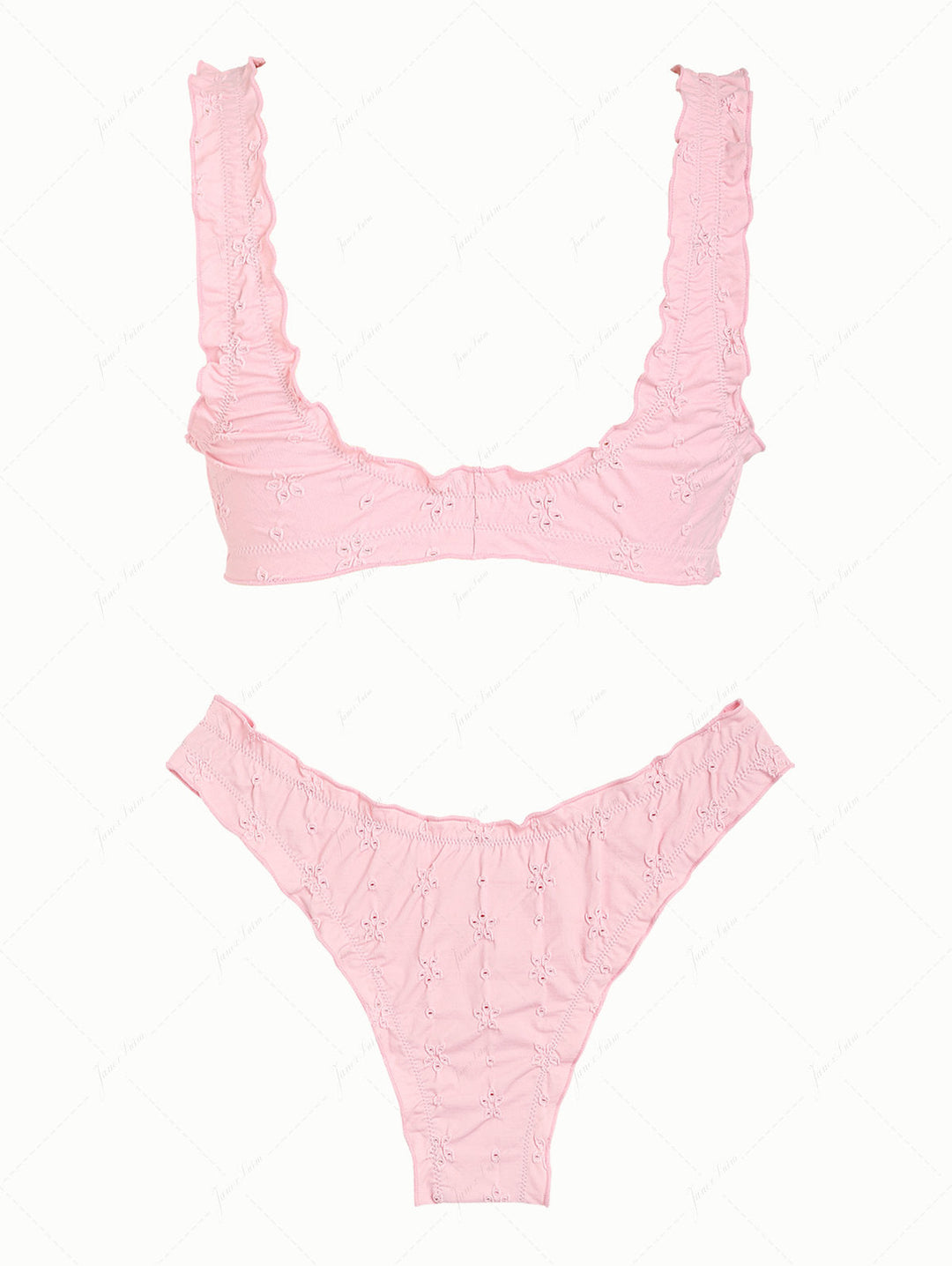 Pink Recycled Fabric Jacquard Ruffles Edge Bralette Bikini Set