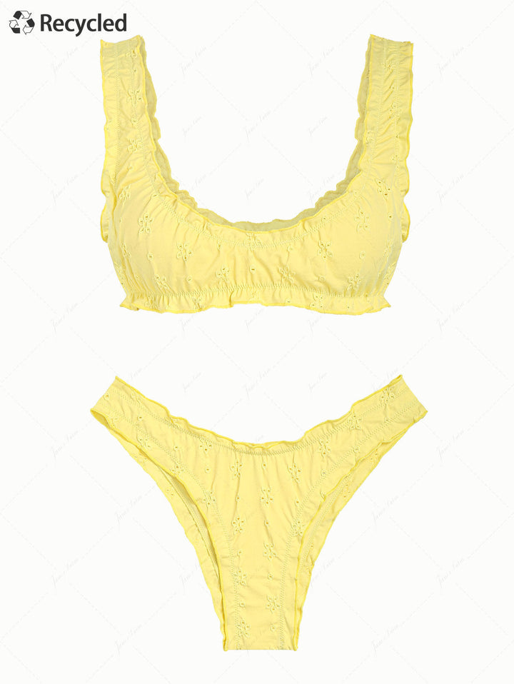 Yellow Recycled Fabric Jacquard Ruffles Edge Bralette Bikini Set