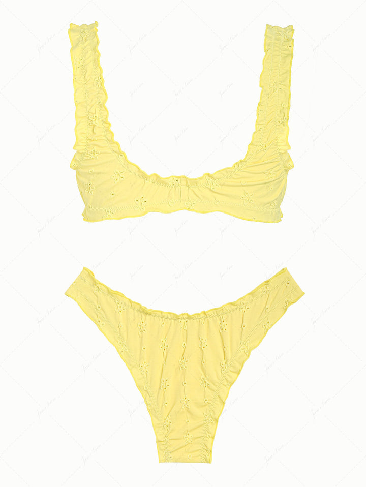 Yellow Recycled Fabric Jacquard Ruffles Edge Bralette Bikini Set