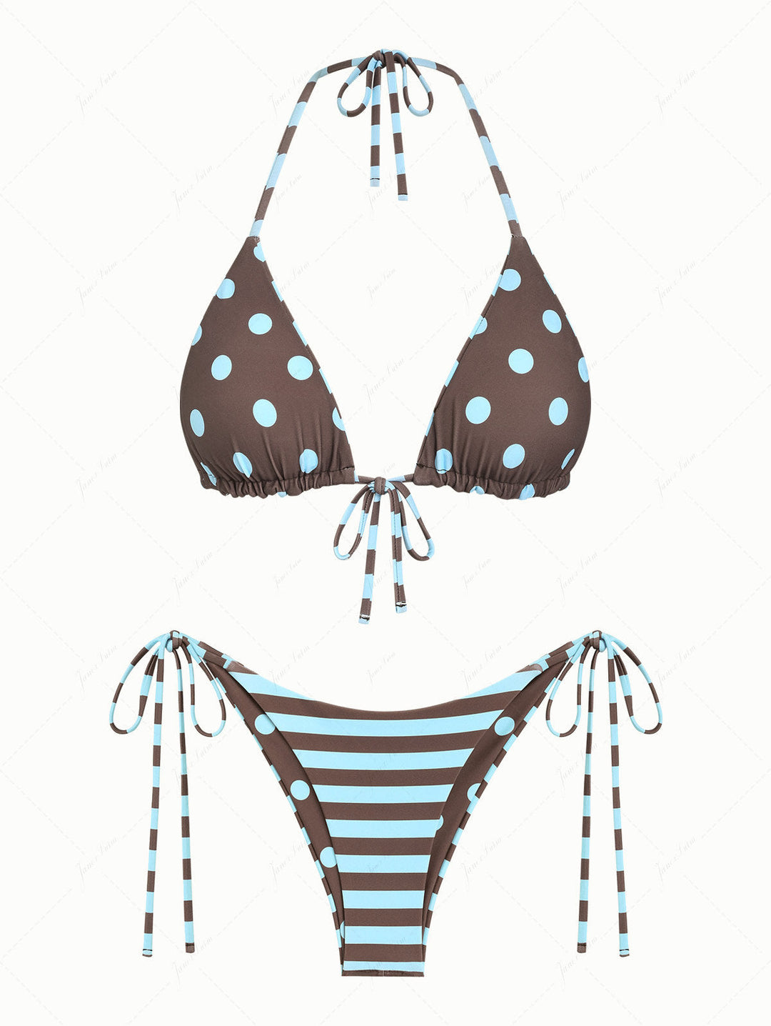 Coffee Striped Polka Dot Triangle Top & Cheeky Brazilian Bottom Reversible Bikini Set
