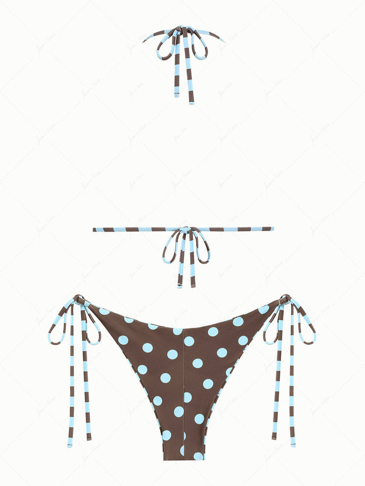 Coffee Striped Polka Dot Triangle Top & Cheeky Brazilian Bottom Reversible Bikini Set