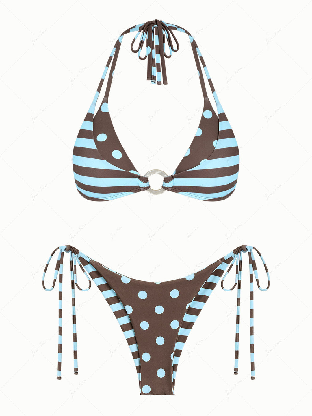 Coffee Striped Polka Dot O Ring Double Layer Top & Reversible Cheeky Brazilian Bottom Bikini Set