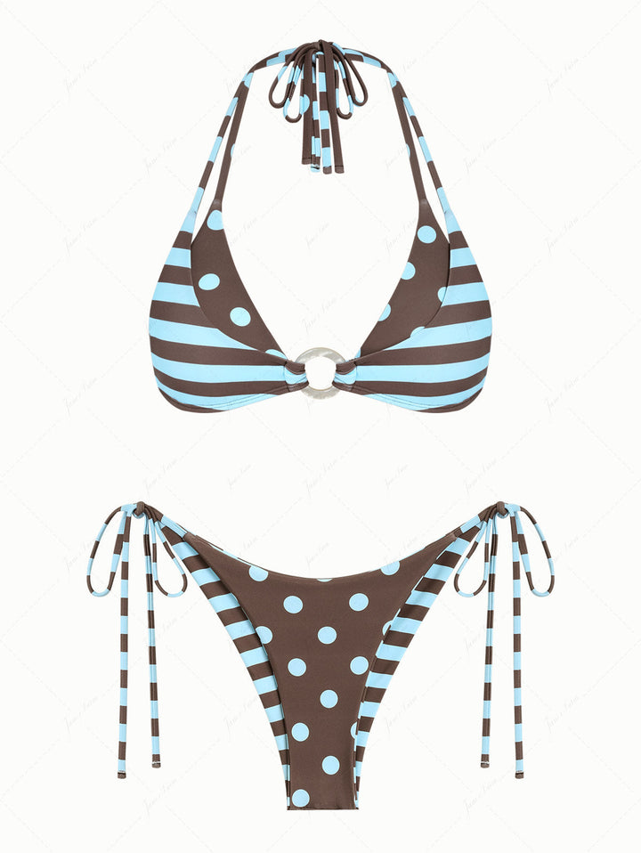 Coffee Striped Polka Dot O Ring Double Layer Top & Reversible Cheeky Brazilian Bottom Bikini Set