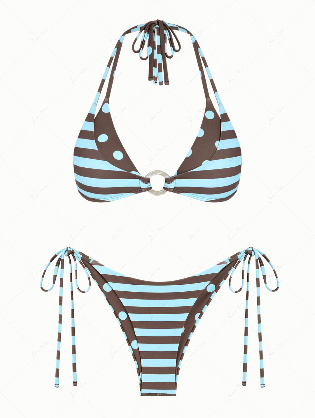 Coffee Striped Polka Dot O Ring Double Layer Top & Reversible Cheeky Brazilian Bottom Bikini Set