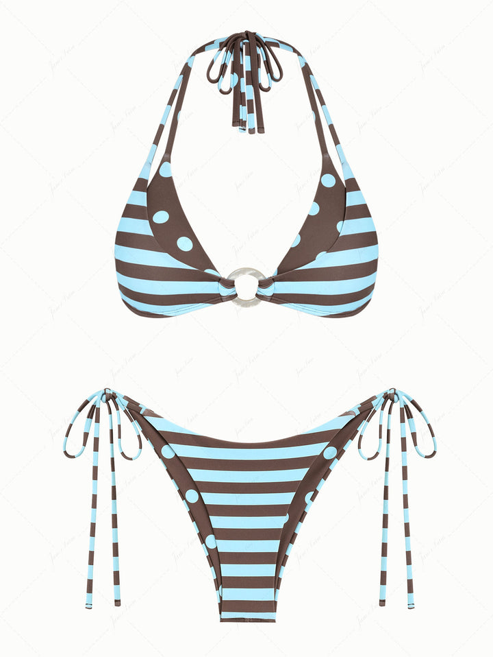Coffee Striped Polka Dot O Ring Double Layer Top & Reversible Cheeky Brazilian Bottom Bikini Set