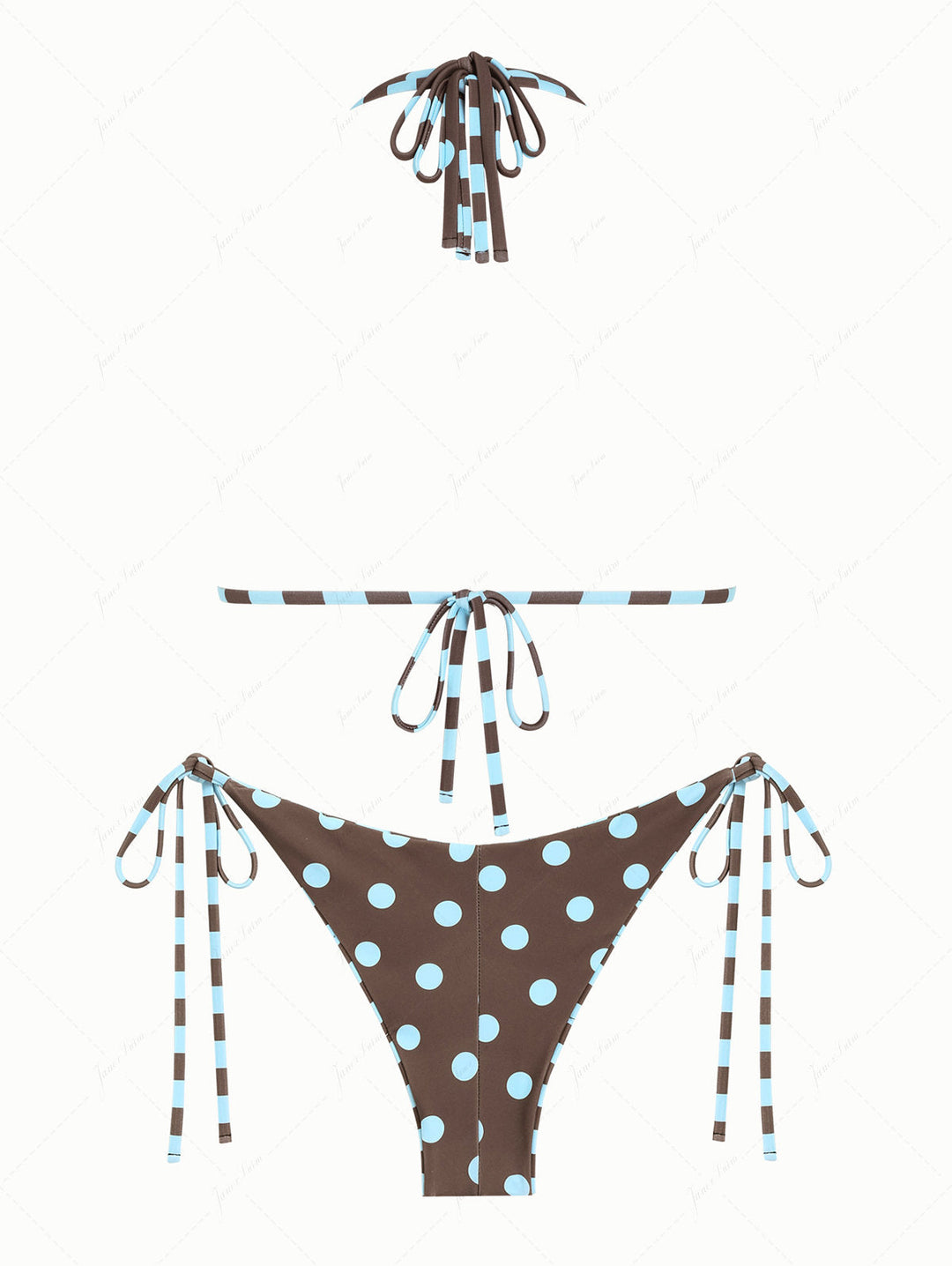 Coffee Striped Polka Dot O Ring Double Layer Top & Reversible Cheeky Brazilian Bottom Bikini Set