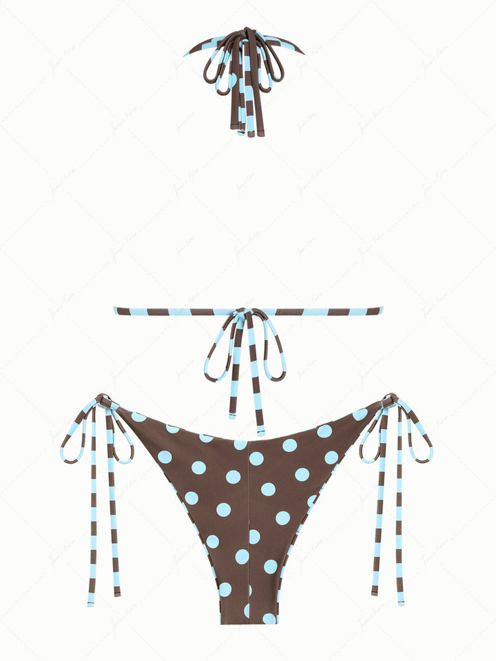 Coffee Striped Polka Dot O Ring Double Layer Top & Reversible Cheeky Brazilian Bottom Bikini Set