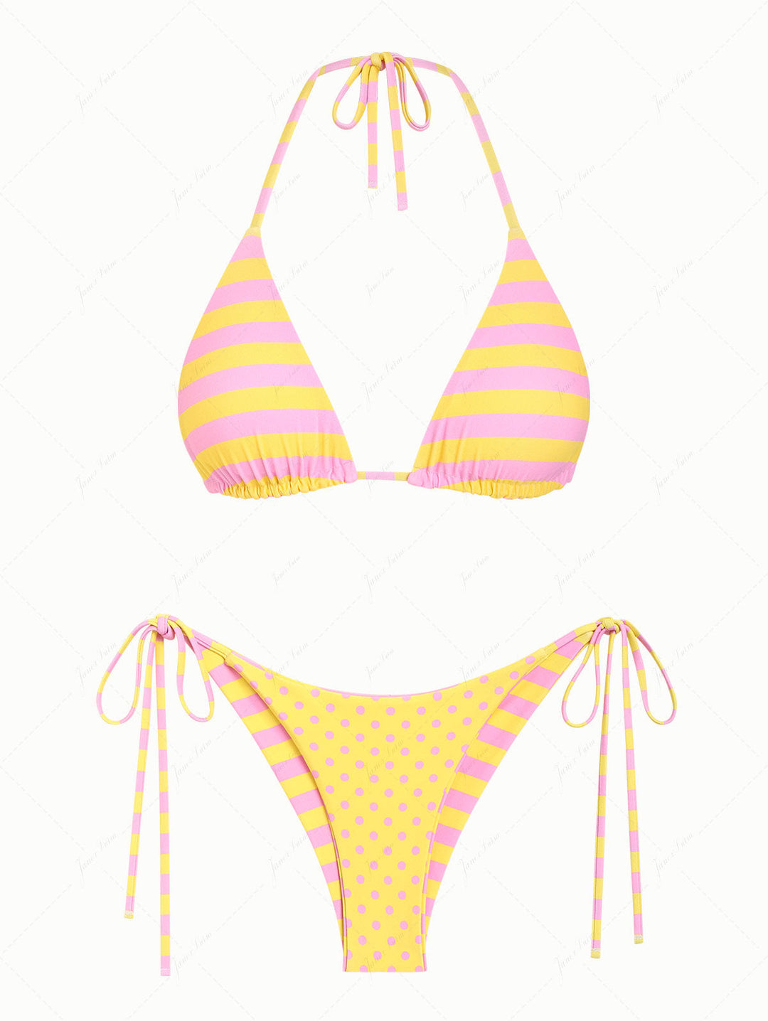 Yellow Striped Polka Dot Triangle Top & Cheeky Brazilian Bottom Reversible Bikini Set