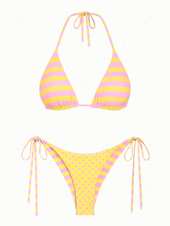 Yellow Striped Polka Dot Triangle Top & Cheeky Brazilian Bottom Reversible Bikini Set