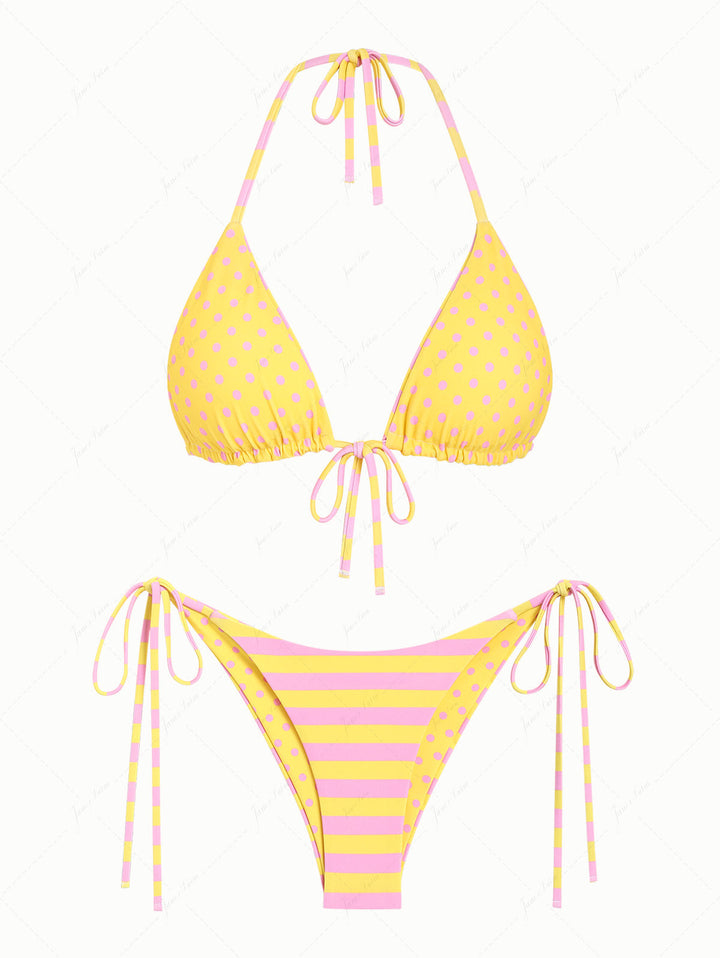 Yellow Striped Polka Dot Triangle Top & Cheeky Brazilian Bottom Reversible Bikini Set