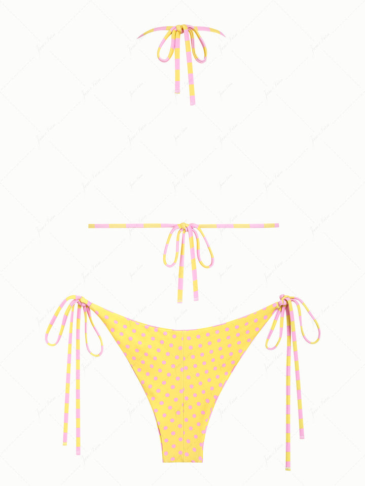 Yellow Striped Polka Dot Triangle Top & Cheeky Brazilian Bottom Reversible Bikini Set