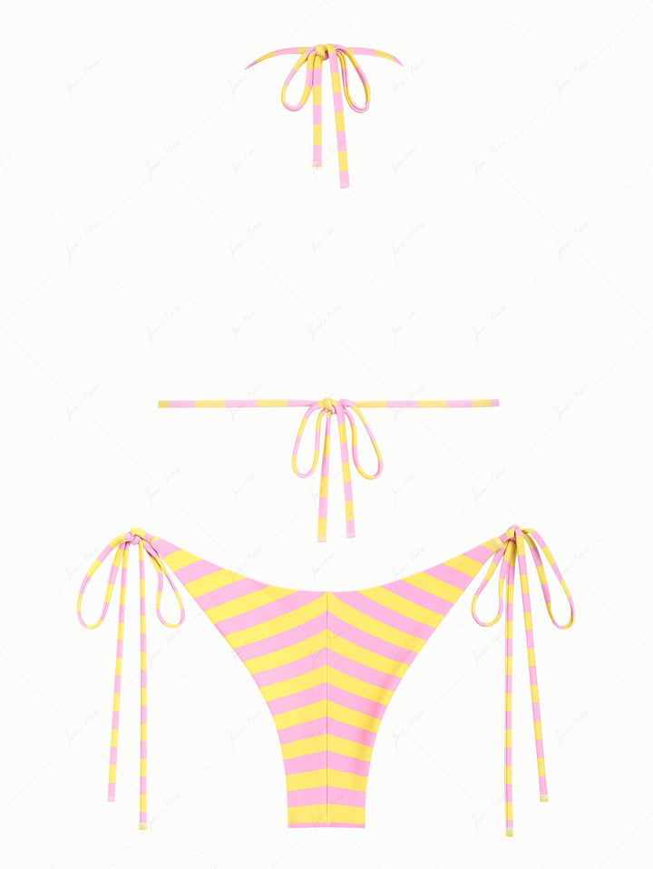 Yellow Striped Polka Dot Triangle Top & Cheeky Brazilian Bottom Reversible Bikini Set