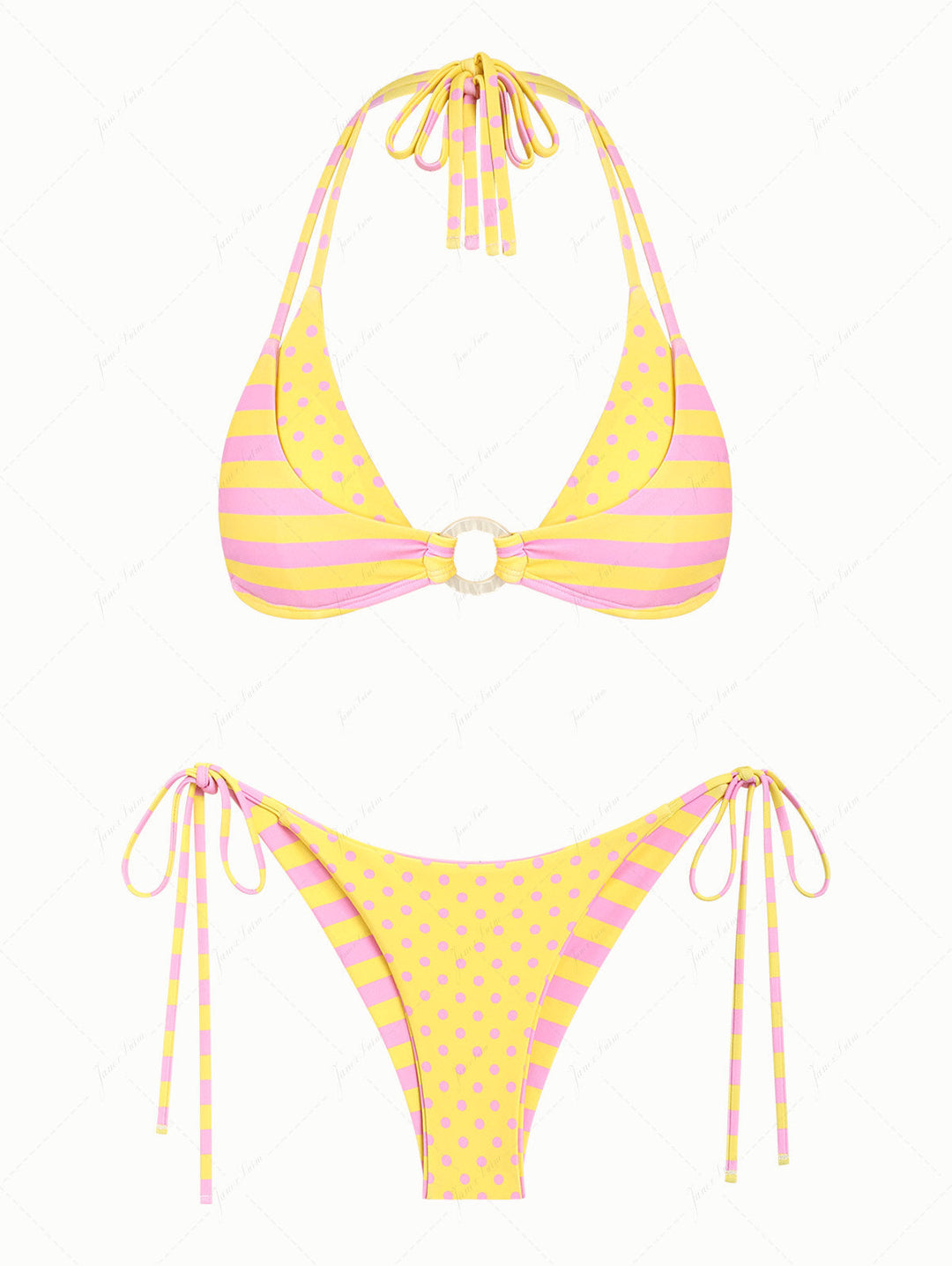 Yellow Striped Polka Dot O Ring Double Layer Top & Reversible Cheeky Brazilian Bottom Bikini Set