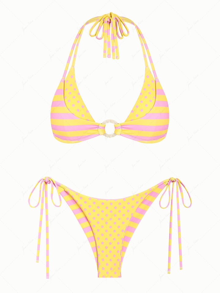 Yellow Striped Polka Dot O Ring Double Layer Top & Reversible Cheeky Brazilian Bottom Bikini Set