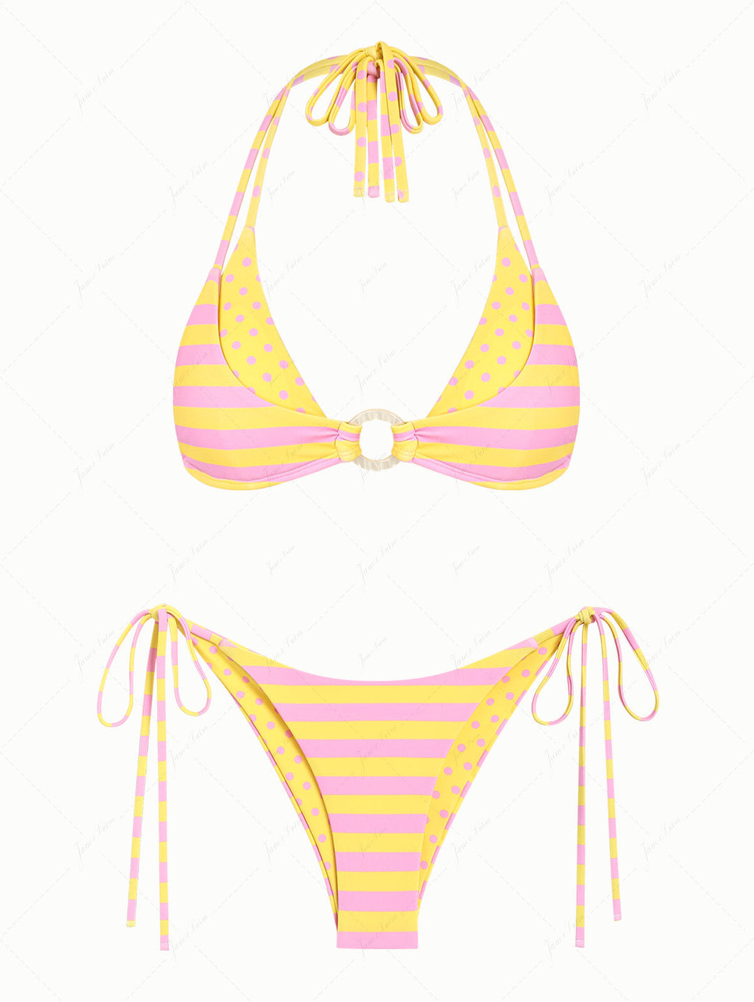 Yellow Striped Polka Dot O Ring Double Layer Top & Reversible Cheeky Brazilian Bottom Bikini Set