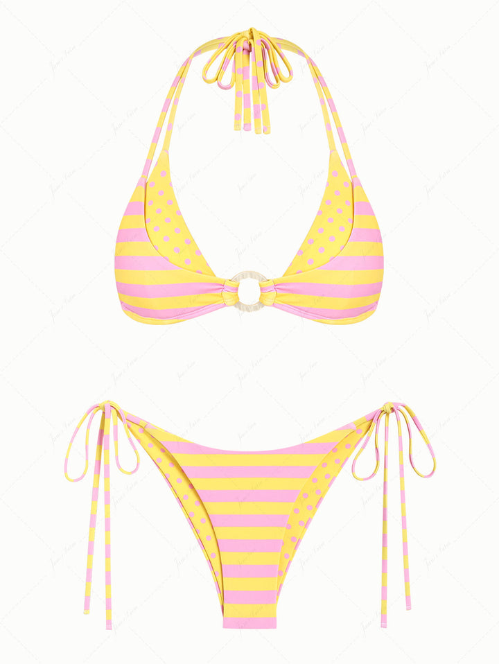 Yellow Striped Polka Dot O Ring Double Layer Top & Reversible Cheeky Brazilian Bottom Bikini Set