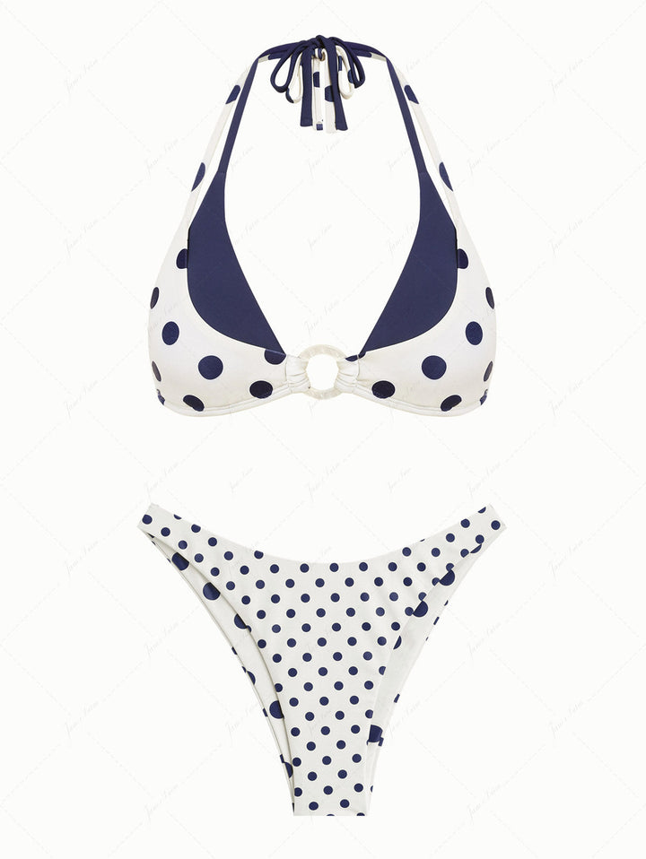 Cadetblue Polka Dot O Ring Double Layer Top & Reversible Cheeky Bottom Bikini Set