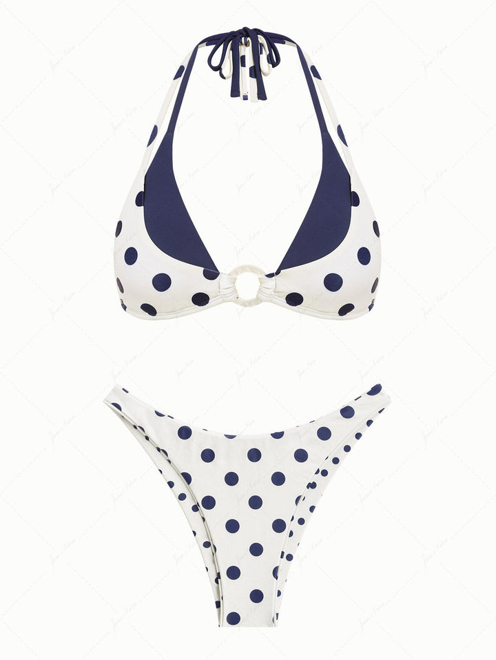 Cadetblue Polka Dot O Ring Double Layer Top & Reversible Cheeky Bottom Bikini Set