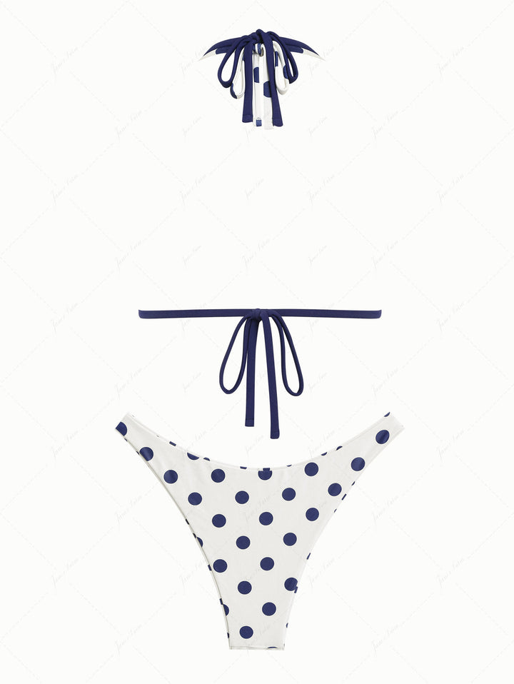 Cadetblue Polka Dot O Ring Double Layer Top & Reversible Cheeky Bottom Bikini Set