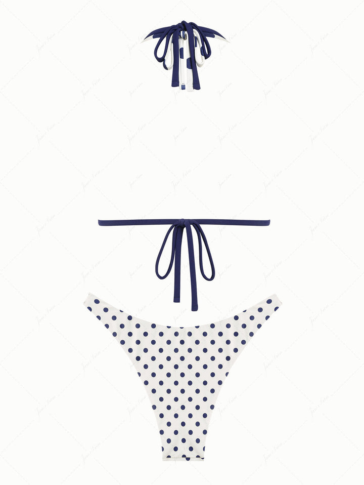 Cadetblue Polka Dot O Ring Double Layer Top & Reversible Cheeky Bottom Bikini Set