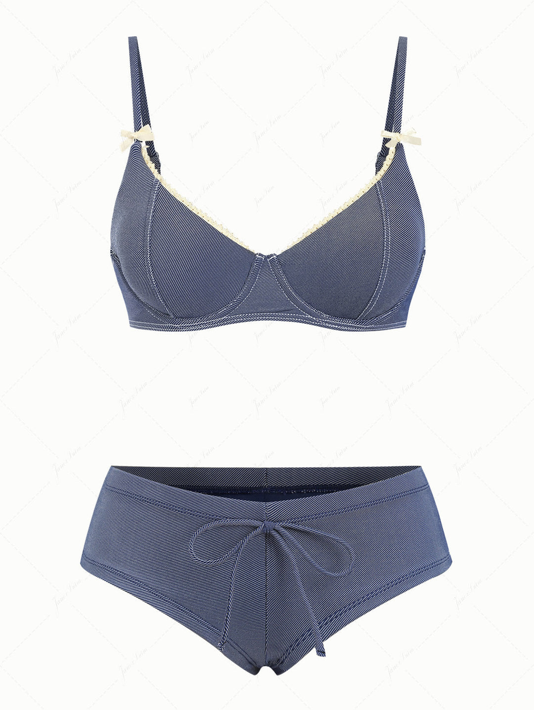 Deep Blue Denim Lace Bowknot Underwire Cheeky Boyshorts Bikini Set