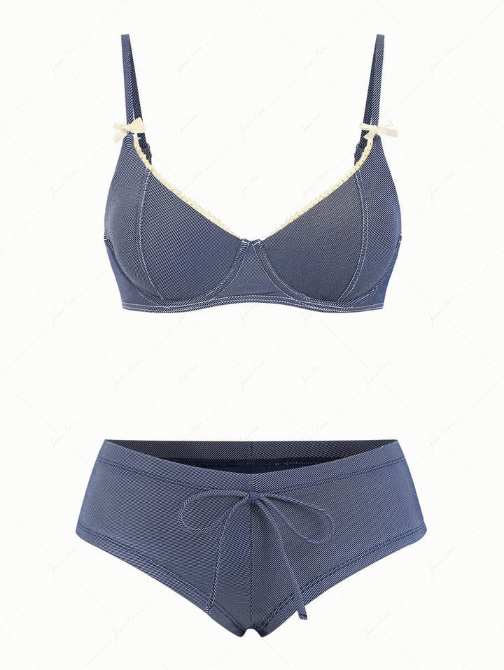 Deep Blue Denim Lace Bowknot Underwire Cheeky Boyshorts Bikini Set