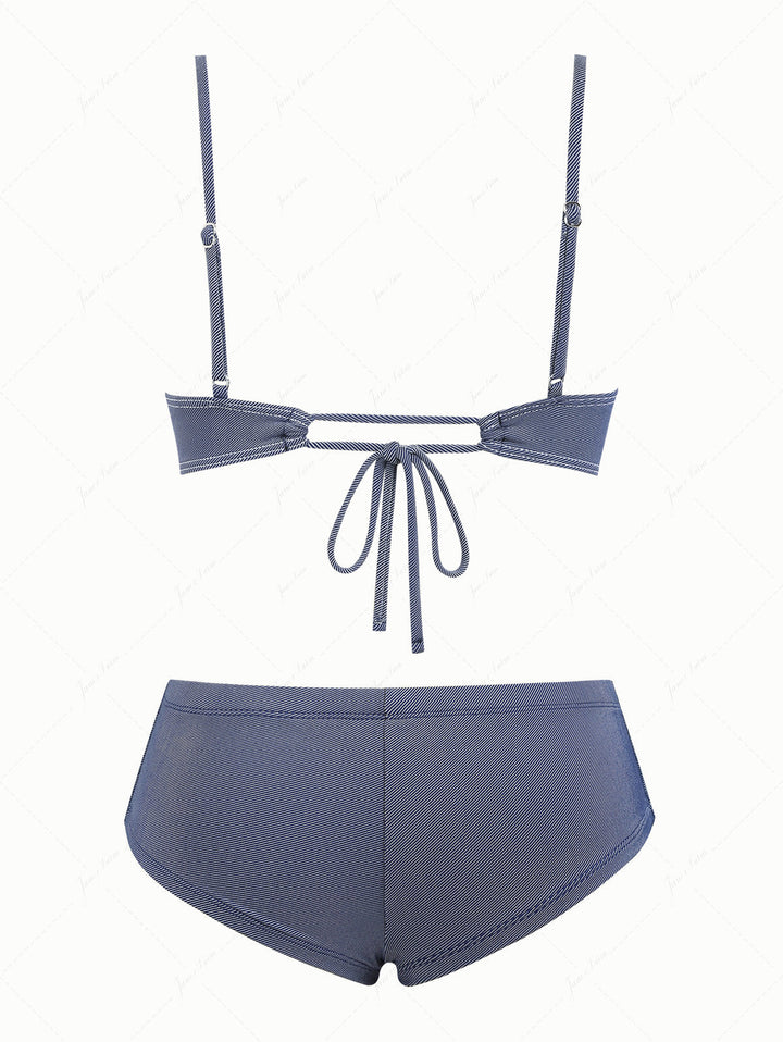 Deep Blue Denim Lace Bowknot Underwire Cheeky Boyshorts Bikini Set