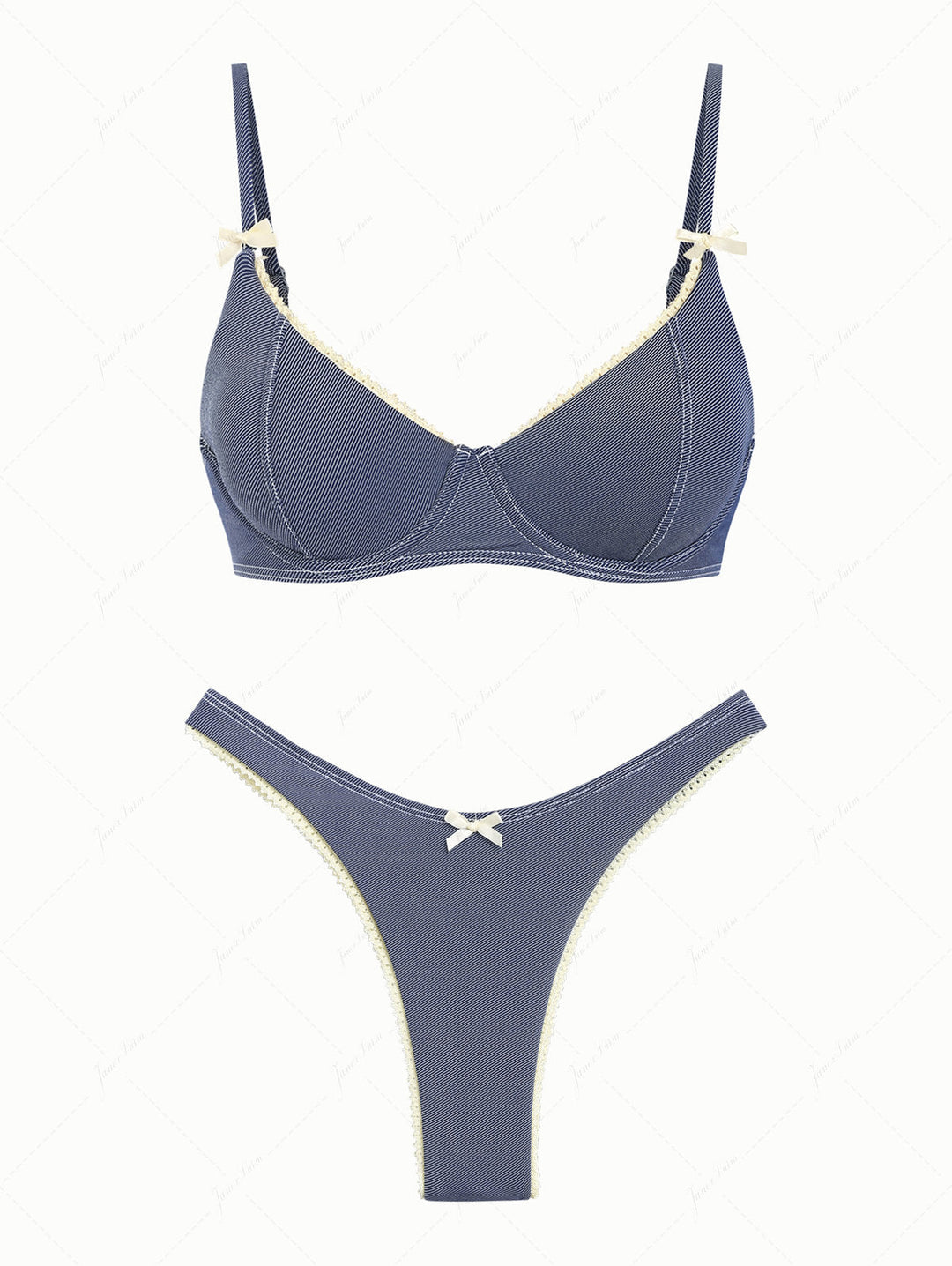 Deep Blue Denim Lace Bowknot Underwire Bikini Set