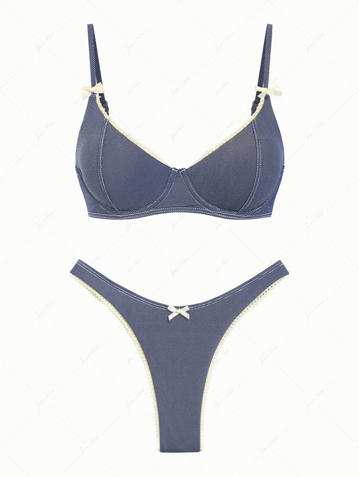 Deep Blue Denim Lace Bowknot Underwire Bikini Set
