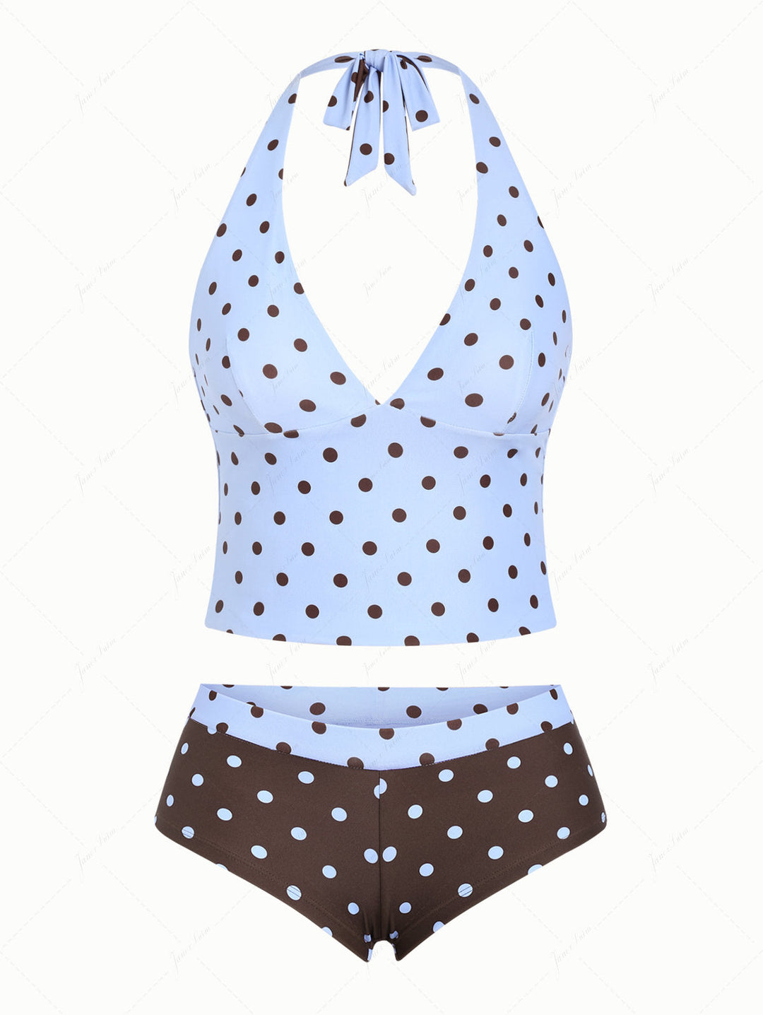 Sky Blue Polka Dot Halter Tied Back Reversible Top & Cheeky Boyshorts Tankini Set